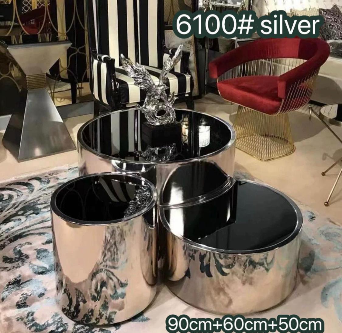 Coffee Table Set 6100 Silver - Black Glass Top with Mirror Chrome Cylindrical Base