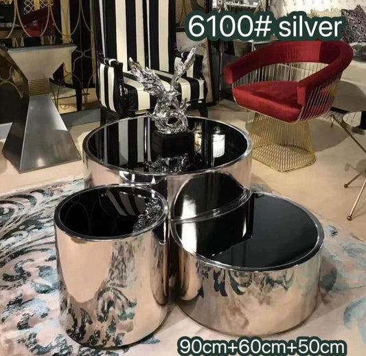 Coffee Table Set 6100 Silver - Black Glass Top with Mirror Chrome Cylindrical Base