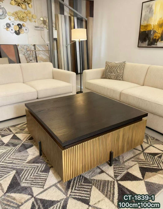 Coffee Table CT-1839-1 - Dark Wood Top with Gold Ribbed Base Square Design