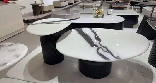 Marble Coffee Table Set - White Marble Top with Black Ribbed Cylindrical Base