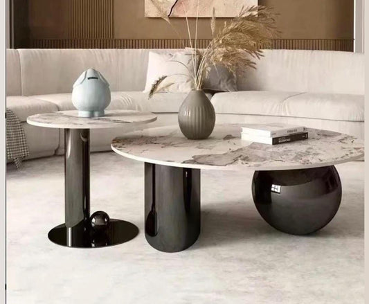 Marble Coffee Table Set - White Marble Top with Black Sculptural Bases