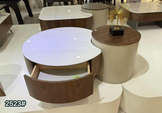 Coffee Table Set 2523 - White Glossy Top with Wood Storage & Cylindrical Base