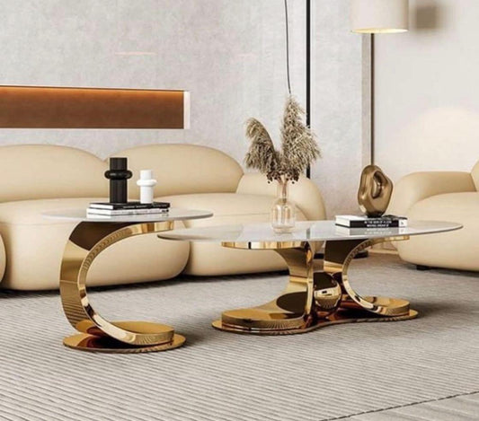 Glass Coffee Table Set - Clear Glass Top with Sculptural Gold C-Shaped Base