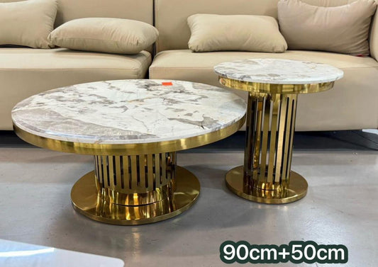 Marble Coffee Table Set - White Marble Top with Gold Column Base & Trim