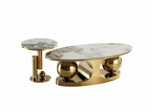 Marble Coffee Table Set - White Marble Top with Gold Sphere Sculptural Base