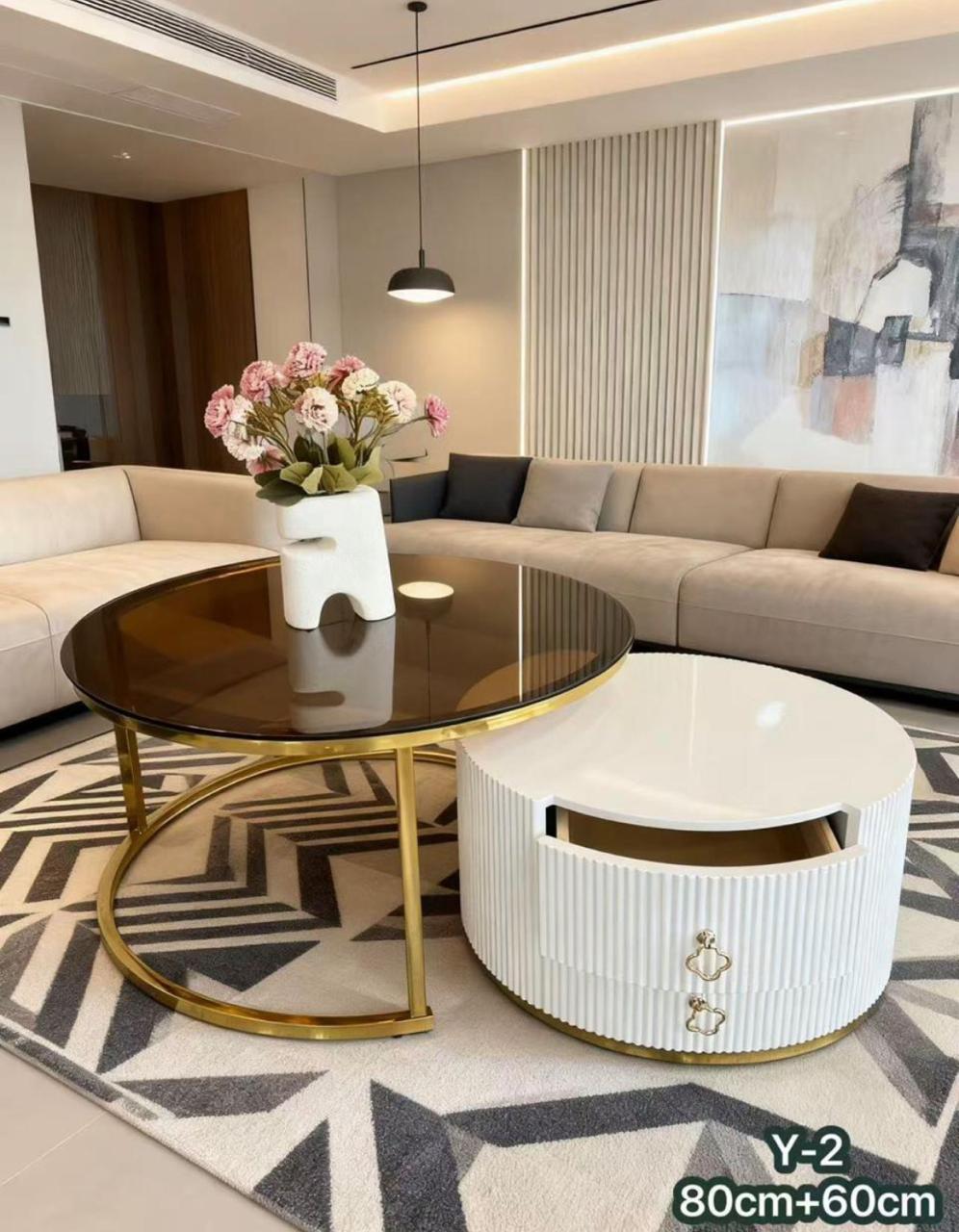 Coffee Table Set with Storage Ottoman - Glass Top & White Ribbed Design