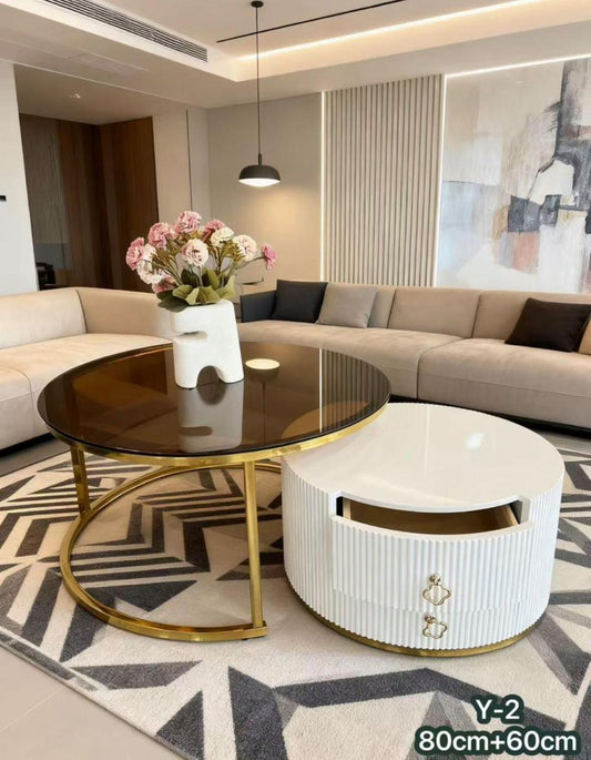 Coffee Table Set with Storage Ottoman - Glass Top & White Ribbed Design