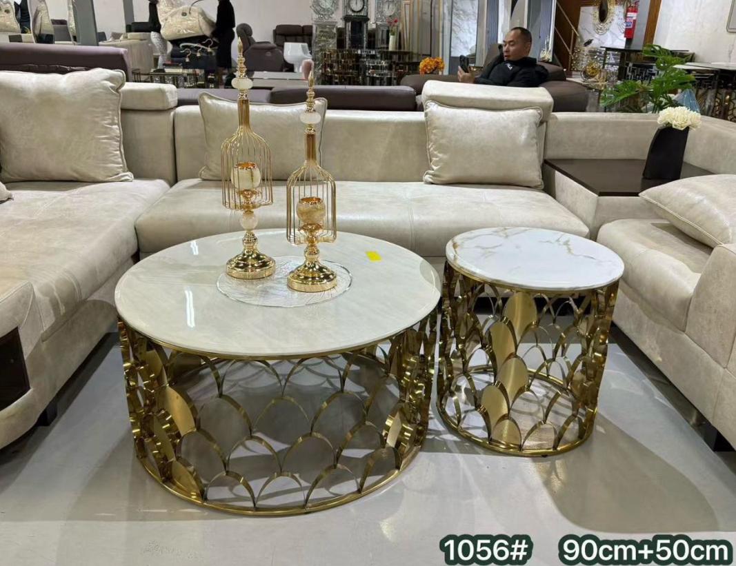 Marble Coffee Table Set - White Marble Top with Gold Geometric Lattice Base
