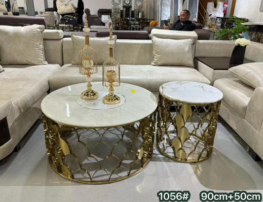 Marble Coffee Table Set - White Marble Top with Gold Geometric Lattice Base