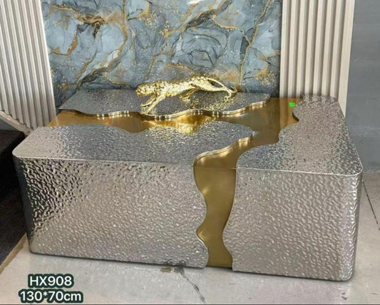 Luxury Coffee Table Set - Silver Hammered Metal with Gold Crocodile Sculpture