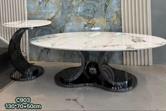 Marble Coffee Table Set - Luxury White Marble Top with Sculptural Black Base