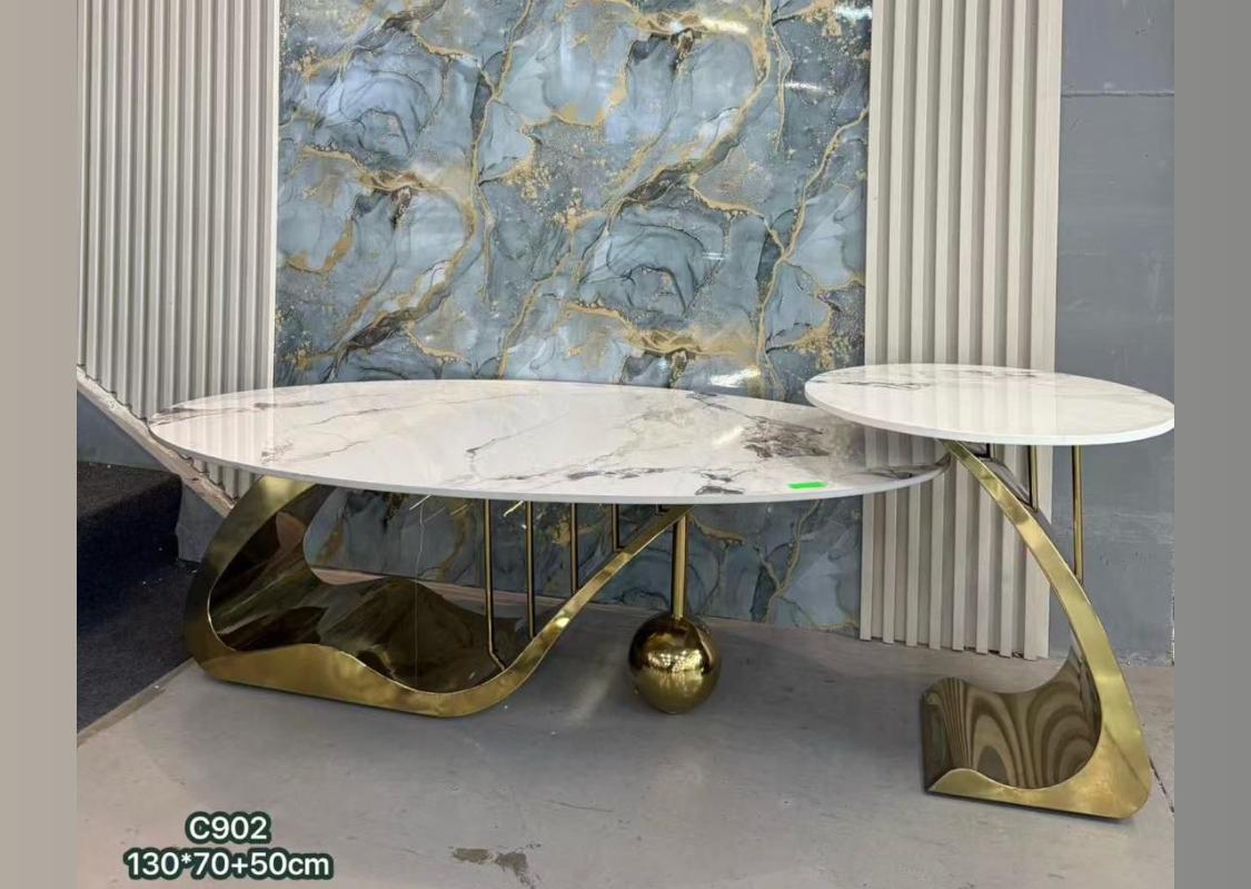 Marble Coffee Table Set - Luxury White Marble Top with Sculptural Black Base