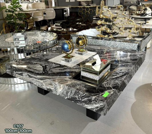 Coffee Table C107 - Black Marble Top with Silver Chrome Accents - 100cm x 100cm