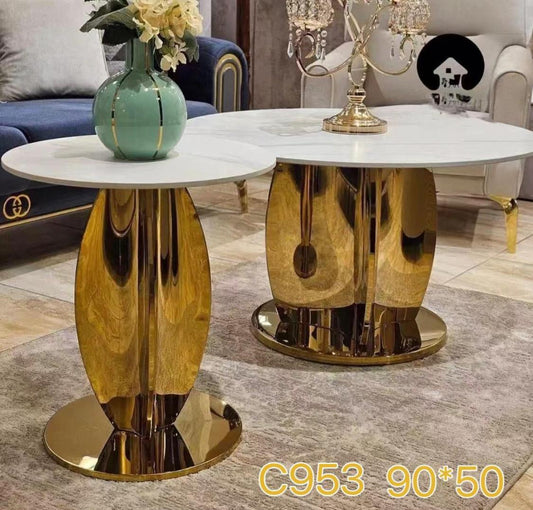 Coffee Table Set C953 - White Marble Top with Gold Sculptural Bases - 90cm x 50cm