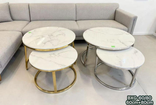 Nesting Coffee Table Set BXG-60/80 - Marble Top with Gold or Silver Frame - 60cm + 80cm
