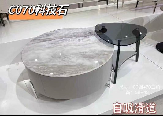 Coffee Table Set C070 - Marble Top with Storage & Black Glass Accent Table