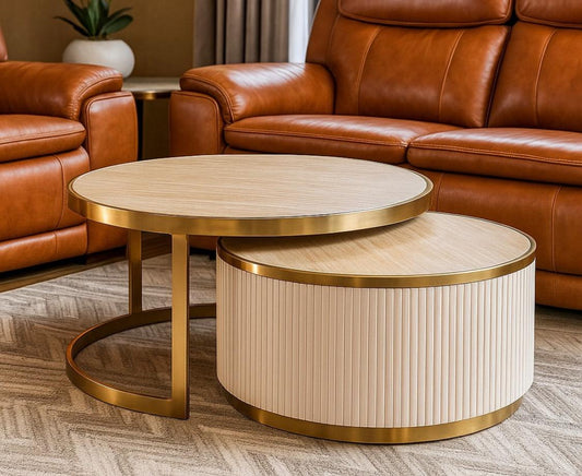 Nesting Coffee Table Set - Wood Top with Gold Trim & Ribbed Base - 2-Piece