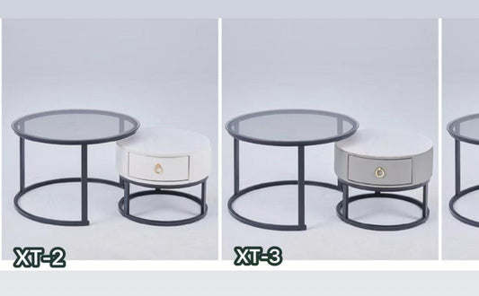 Nesting Coffee Table Set XT-2/XT-3 - Glass Top with Storage Drawer & Black Frame