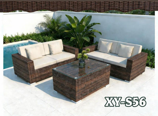 Rattan Sofa Set XY-S56 - 4-Piece Brown Wicker Patio Set with 2 Sofas, Coffee Table & Cushions