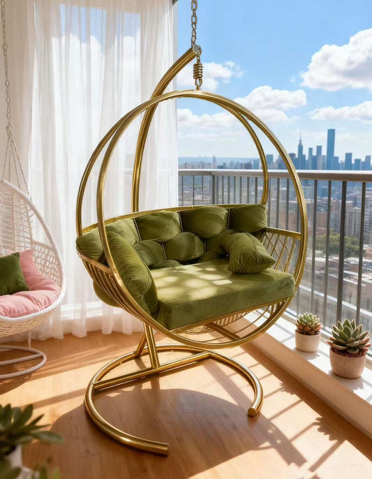 Double Hanging Chair - 2-Person Gold Frame Swing with Olive Green Cushions & Stand