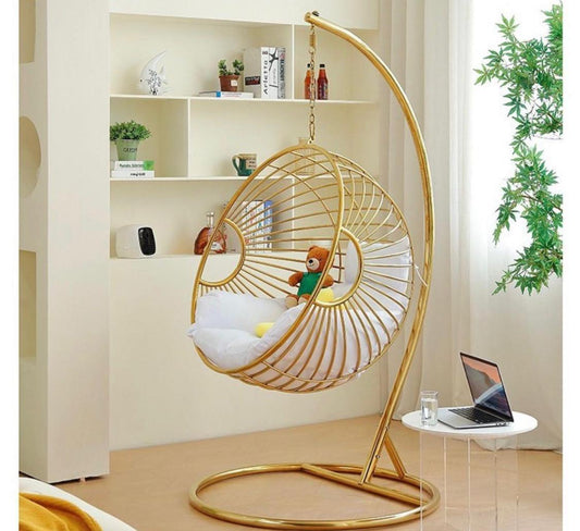 Spiral Hanging Chair - Gold Metal Swing Chair with C-Stand & White Cushion