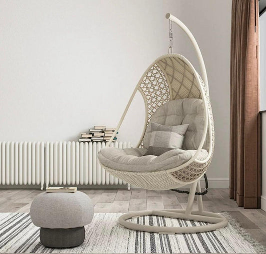 Hanging Egg Chair - White Wicker Swing Chair with C-Stand & Gray Cushions
