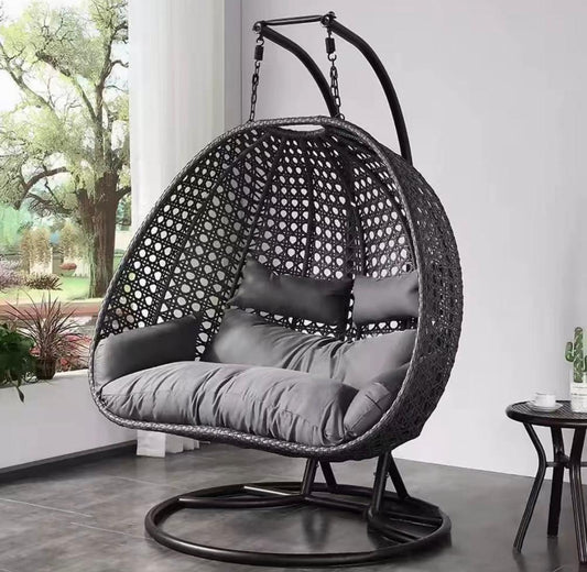 Double Hanging Egg Chair - 2-Person Black Wicker Swing Chair with Cushions & Stand