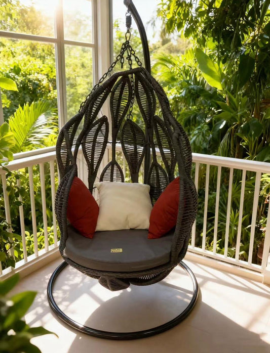 Hanging Egg Chair - Black Wicker Swing Chair with Cushions & Stand