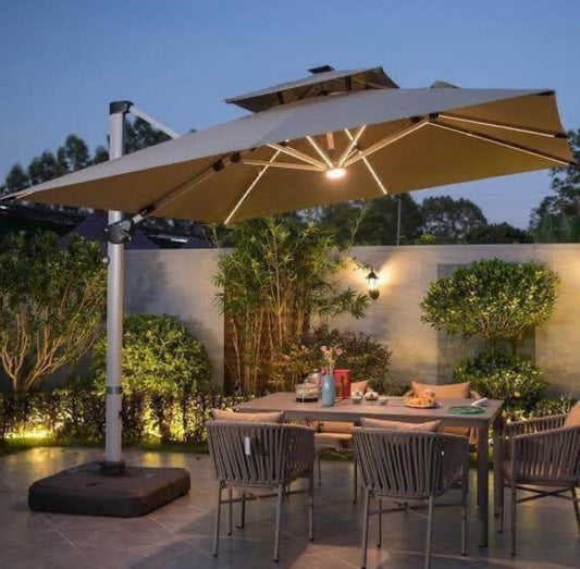 Cantilever Patio Umbrella with LED Lights - Offset Outdoor Umbrella with Base