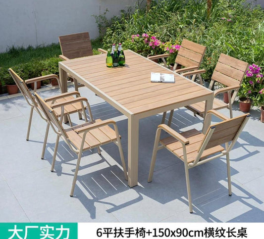 Outdoor Wood Dining Set - 6 Armchairs with 150cm x 90cm Table - 7-Piece