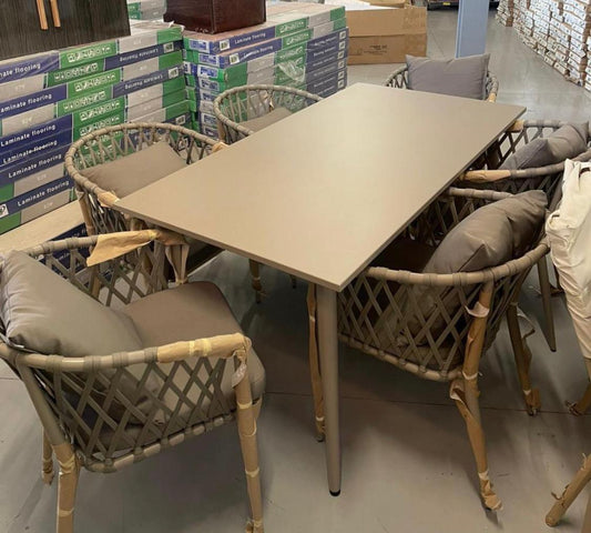 Outdoor Rattan Dining Set - Beige Table with 4 Lattice Chairs & Cushions