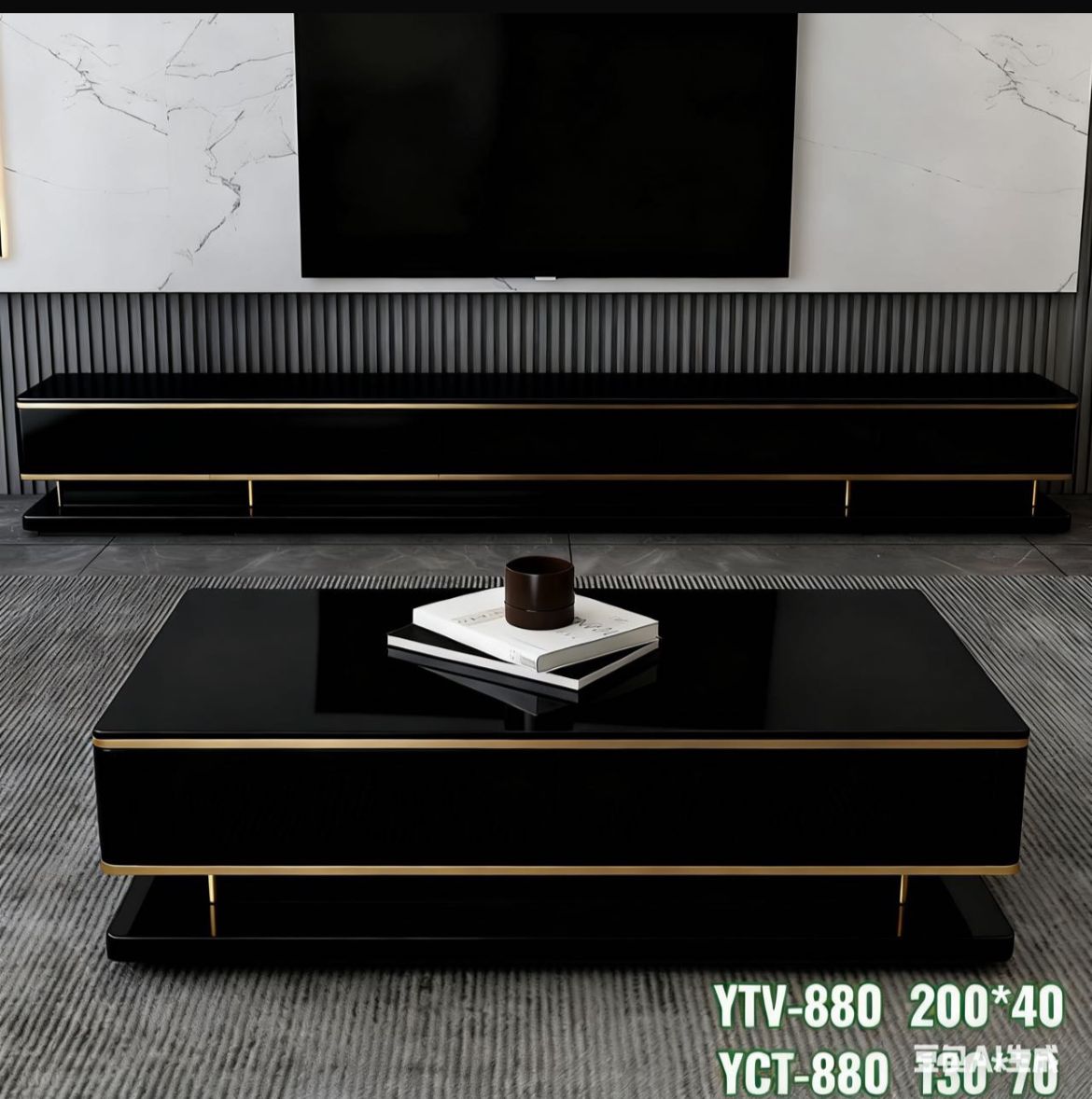 Modern White Marble TV Stand Coffee Table Set - Luxury Gold Trim Living Room Furniture with Storage