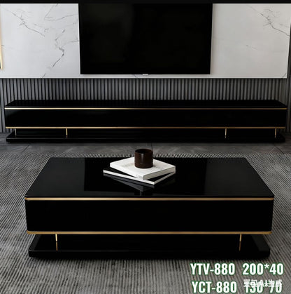 Modern White Marble TV Stand Coffee Table Set - Luxury Gold Trim Living Room Furniture with Storage