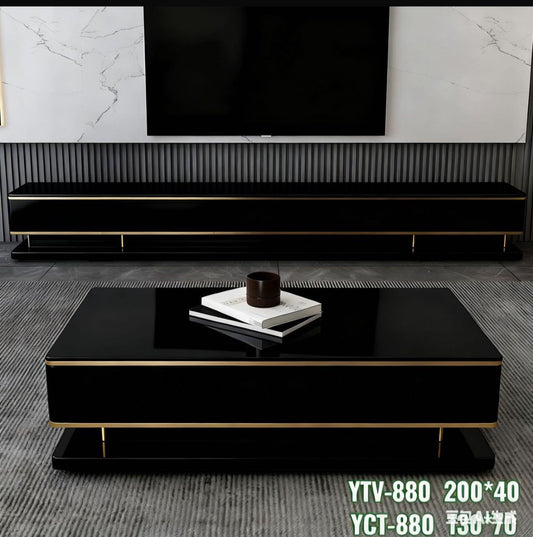 Modern White Marble TV Stand Coffee Table Set - Luxury Gold Trim Living Room Furniture with Storage