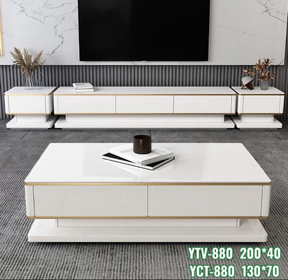 Modern White Marble TV Stand Coffee Table Set - Luxury Gold Trim Living Room Furniture with Storage