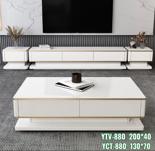 Modern White Marble TV Stand Coffee Table Set - Luxury Gold Trim Living Room Furniture with Storage