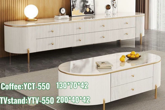 Curved White Marble TV Stand Coffee Table Set - Luxury Ribbed Design with Gold Legs & Storage