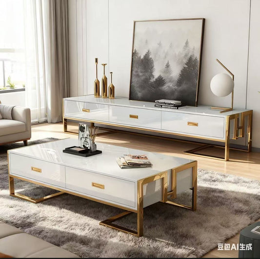 White Marble TV Stand Coffee Table Set - Luxury Gold Frame Living Room Furniture with Glass Shelves