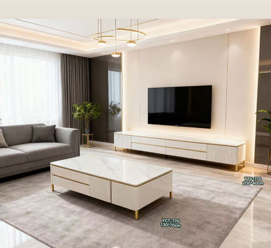 Modern White TV Stand Coffee Table Set - Luxury Living Room Furniture with Gold Legs & Storage
