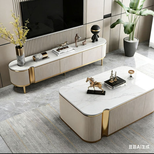 Luxury White Marble TV Stand Coffee Table Set - Modern Living Room Furniture with Gold Accents