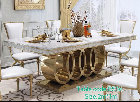 Luxury Marble Dining Table - White Marble Top with Gold Circular Base Design for 6-8 People