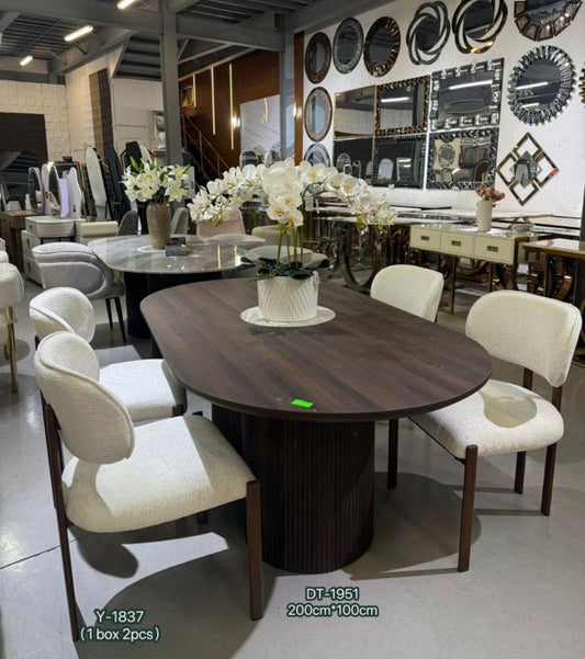 Modern Oval Dining Table Set - Dark Wood with Cream Upholstered Chairs for 6-8 People