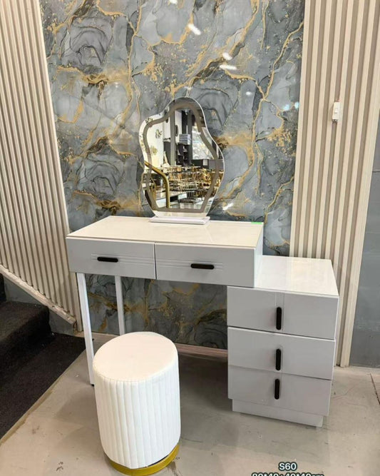 White Vanity Desk with Teardrop Mirror and Gold Trim Stool - Modern Makeup Table with Storage