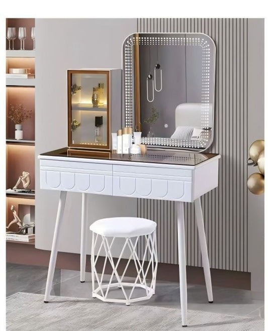 White Vanity Desk with LED Crystal Mirror and Display Cabinet - Luxury Makeup Table with Stool