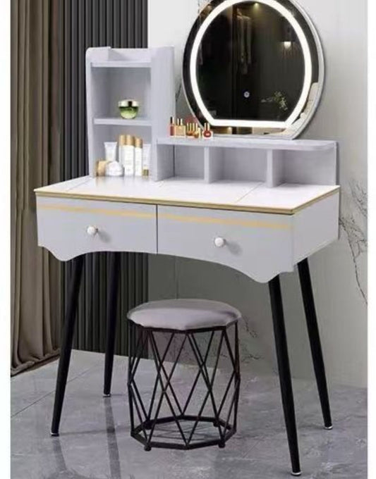 White Vanity Desk with LED Mirror and Gold Trim - Modern Makeup Table with Geometric Stool