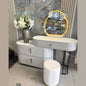 White Vanity Desk with LED Gold Mirror and Storage - Luxury Makeup Table with Stool