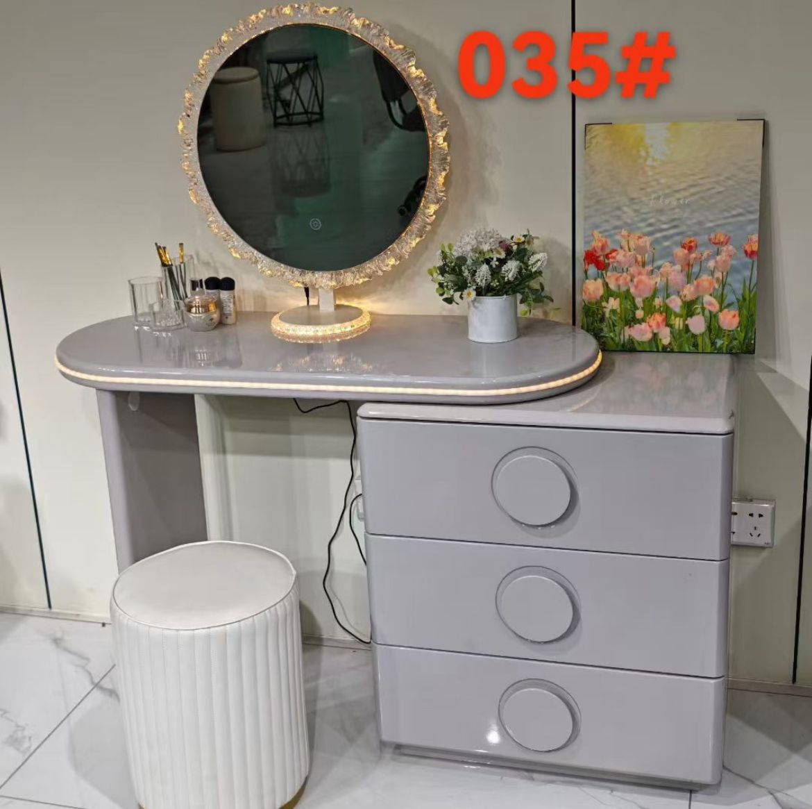 Grey Vanity Desk with LED Crystal Mirror and Gold Trim - Modern Makeup Table with Drawers
