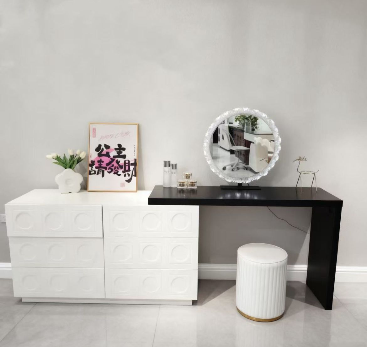 Modern White and Black Vanity Desk with Round Mirror - Contemporary Makeup Table with Storage