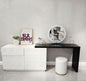 Modern White and Black Vanity Desk with Round Mirror - Contemporary Makeup Table with Storage