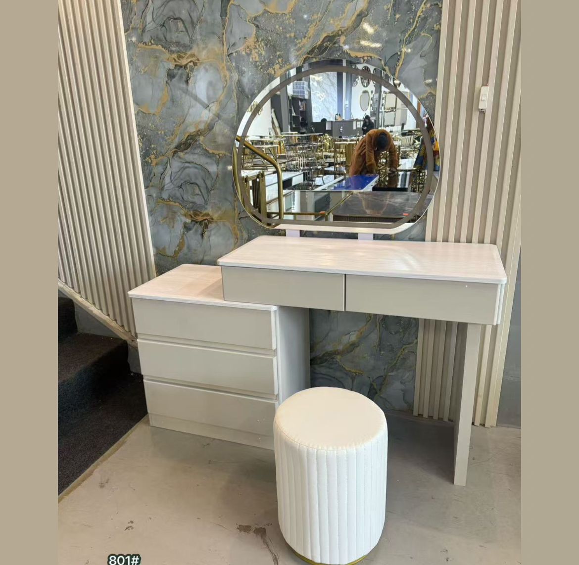 White Vanity Desk with Geometric Mirror and Storage - Modern Makeup Table with Stool